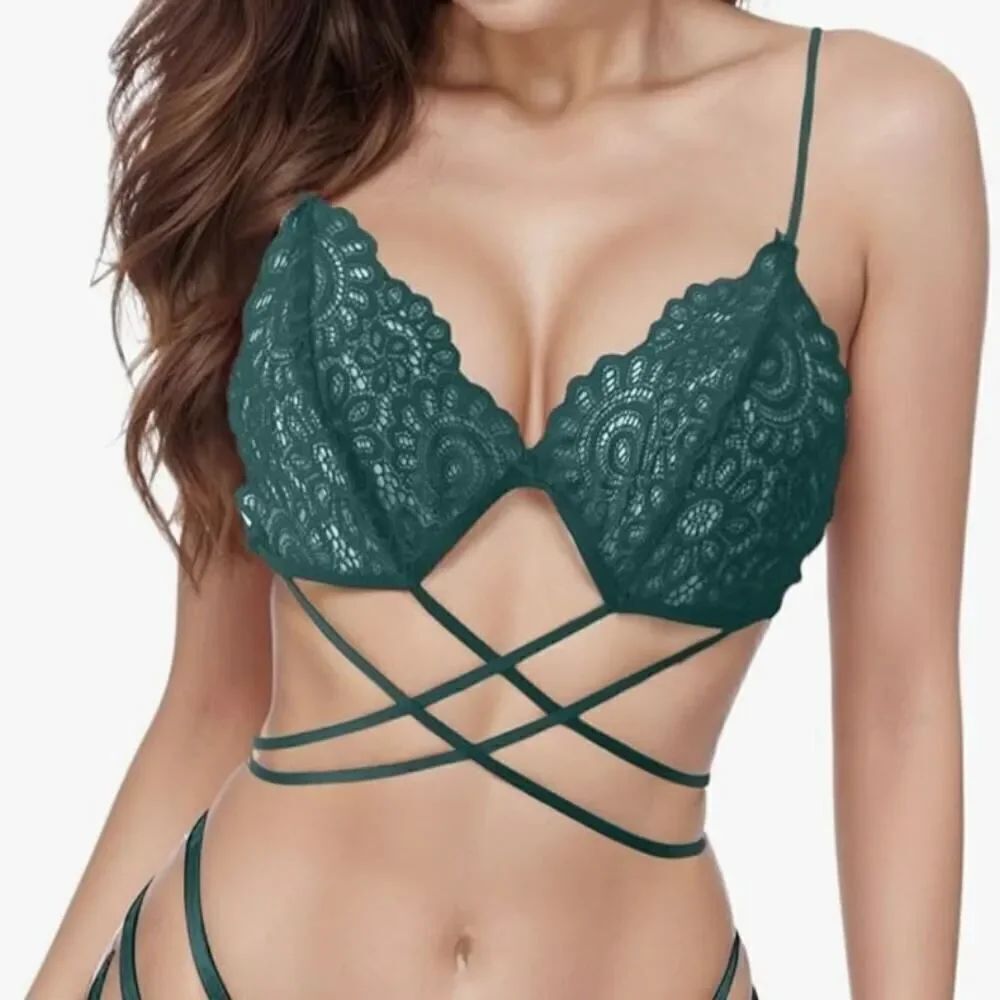 Sexy Three Points Hollow Binding Strappy Lace Bra sz S